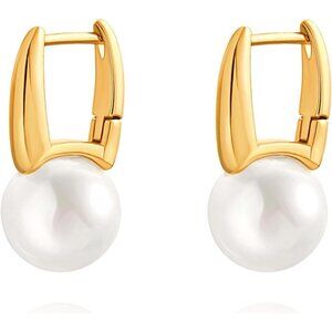Gold Barrel Hoop Handpicked A+Quality 7.5-8mm White Pearl Dangle Drop Earring